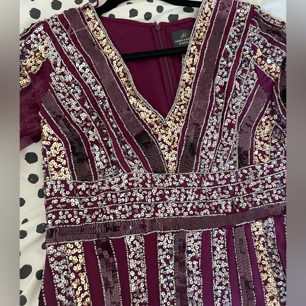 ADRIANNA PAPELL Stripe Bead Sheath Dress cocktail sequin purple 8 long sleeve - Picture 4 of 6